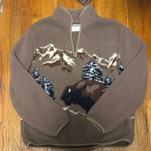 Old Navy Brown Mountain Fleece Zip-Up Pullover with Bison Motif Holiday 2023